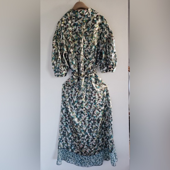 NWT DYVNA belted printed chiffon trimmed hammered silk satin midi length dress - Picture 8 of 15